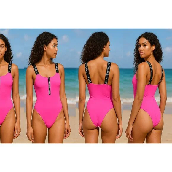 Kendall and Kylie One Piece Swimsuit Women's Medium Neon Pink & Black Call Out - Picture 11 of 16